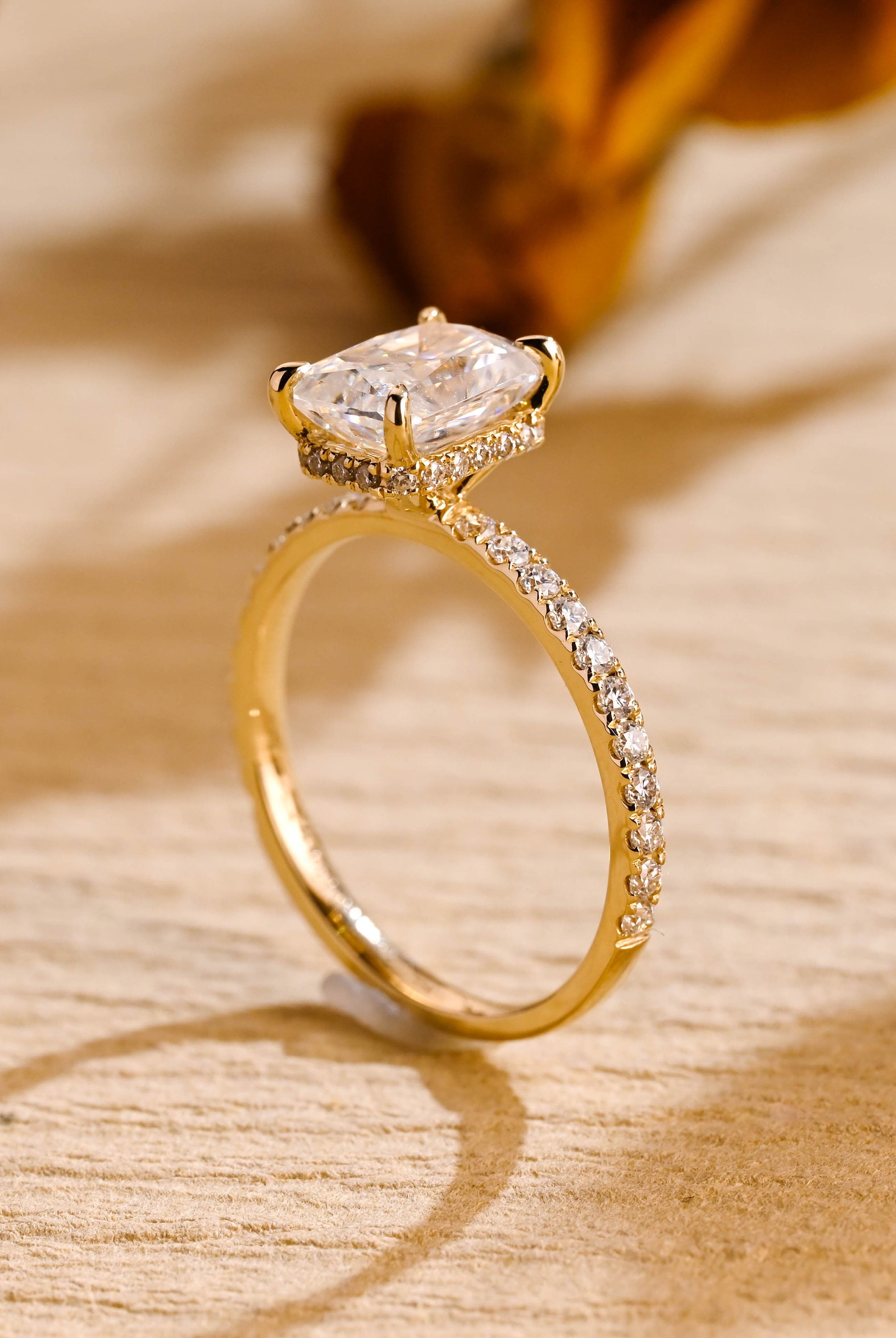 unique radiant cut hidden halo moissanite engagement ring
