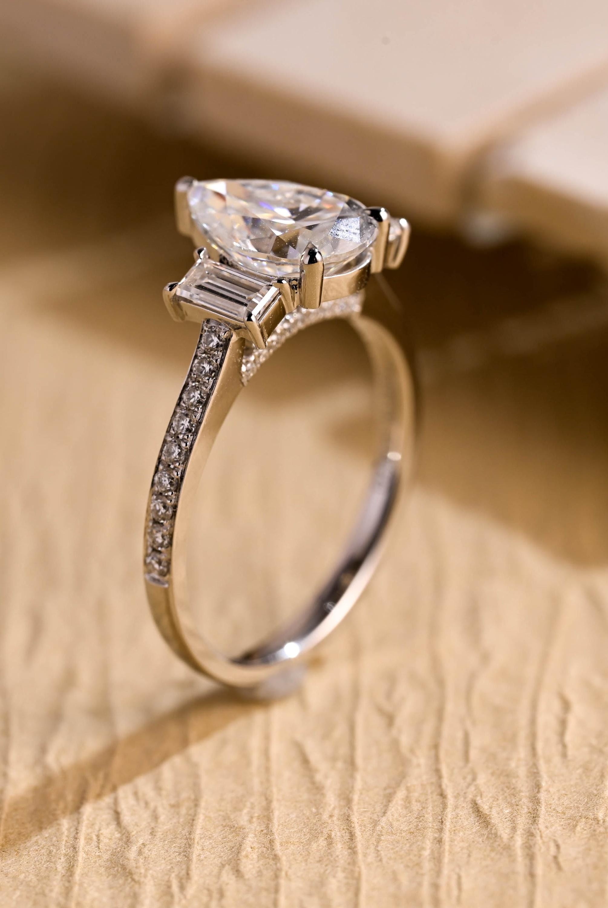 lab diamond alternative three stone pavé engagement ring