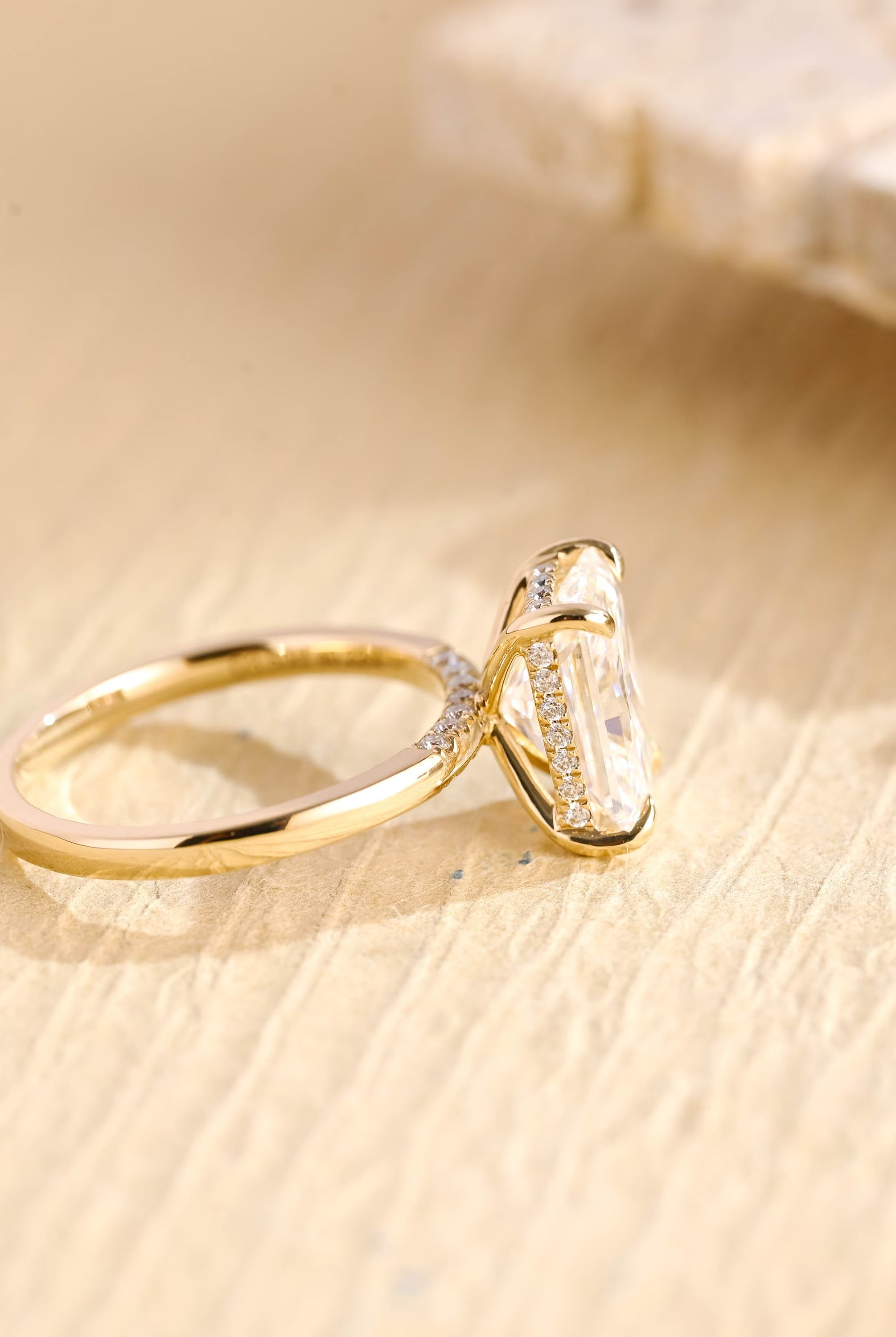 gold hidden halo moissanite engagement ring radiant cut