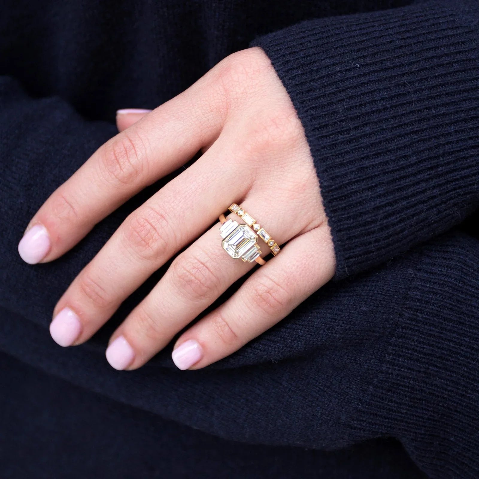 2.21ct Emerald Cut Bezel Moissanite Five Diamond Engagement Ring