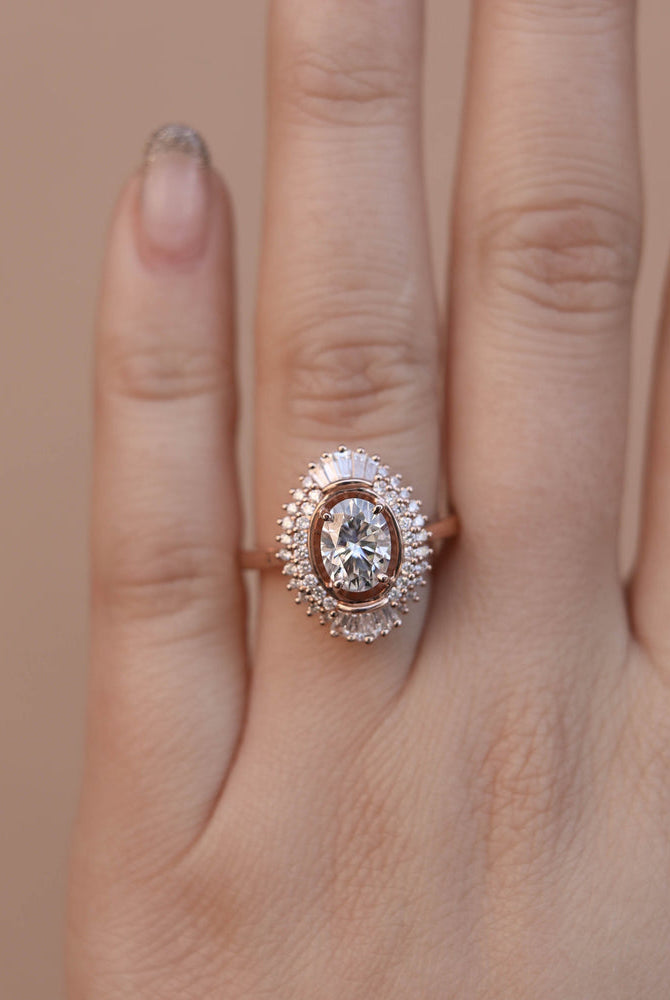 1.70CT Oval Unique Cluster Moissanite Diamond Solitaire Engagement Ring