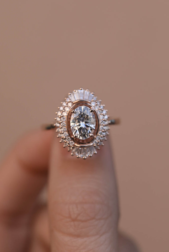 1.70CT Oval Unique Cluster Moissanite Diamond Solitaire Engagement Ring