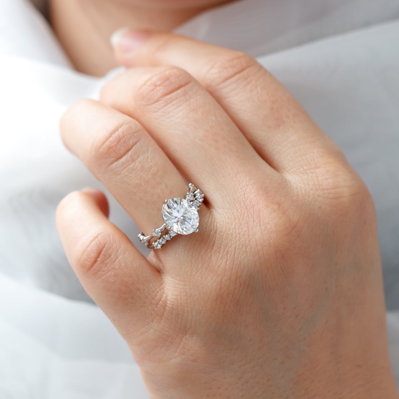 1.93CT Oval Petite Pave Moissanite Diamond Four Prong Engagement Ring In 14K White Gold