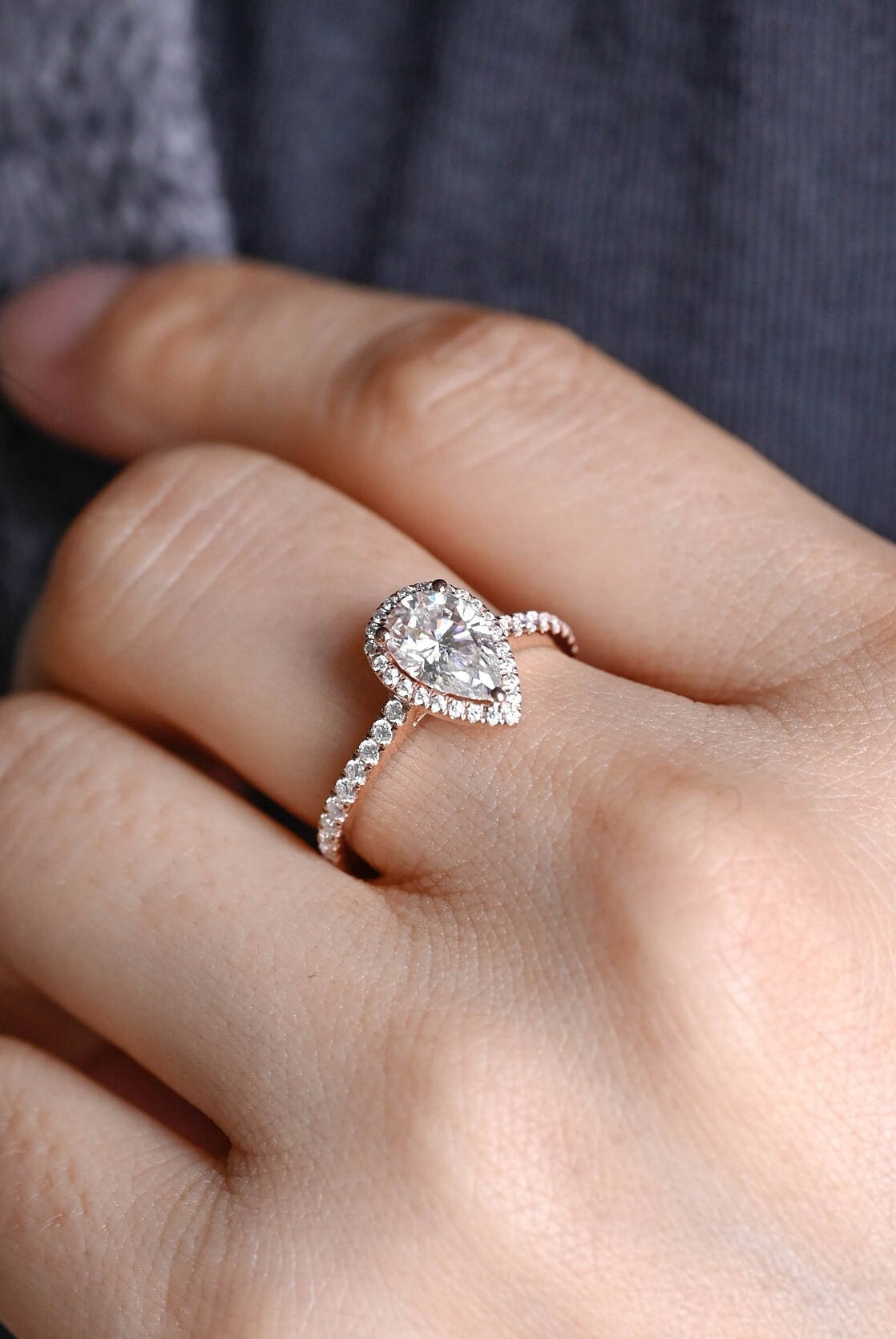premium pear cut halo pavé moissanite ring