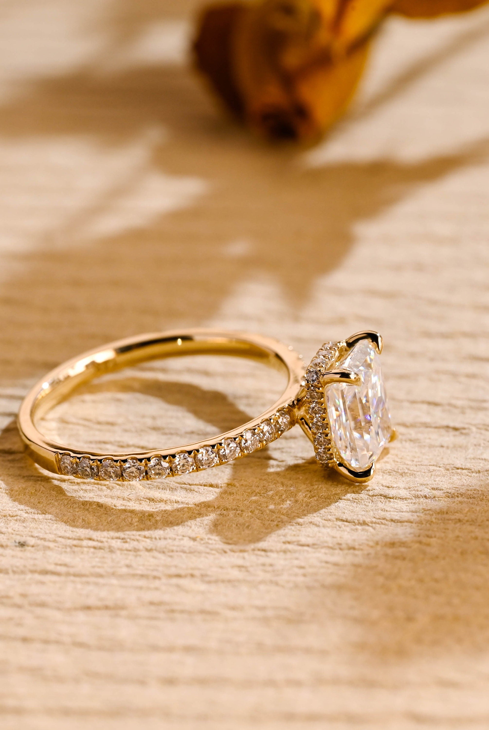gold hidden halo moissanite engagement ring radiant cut