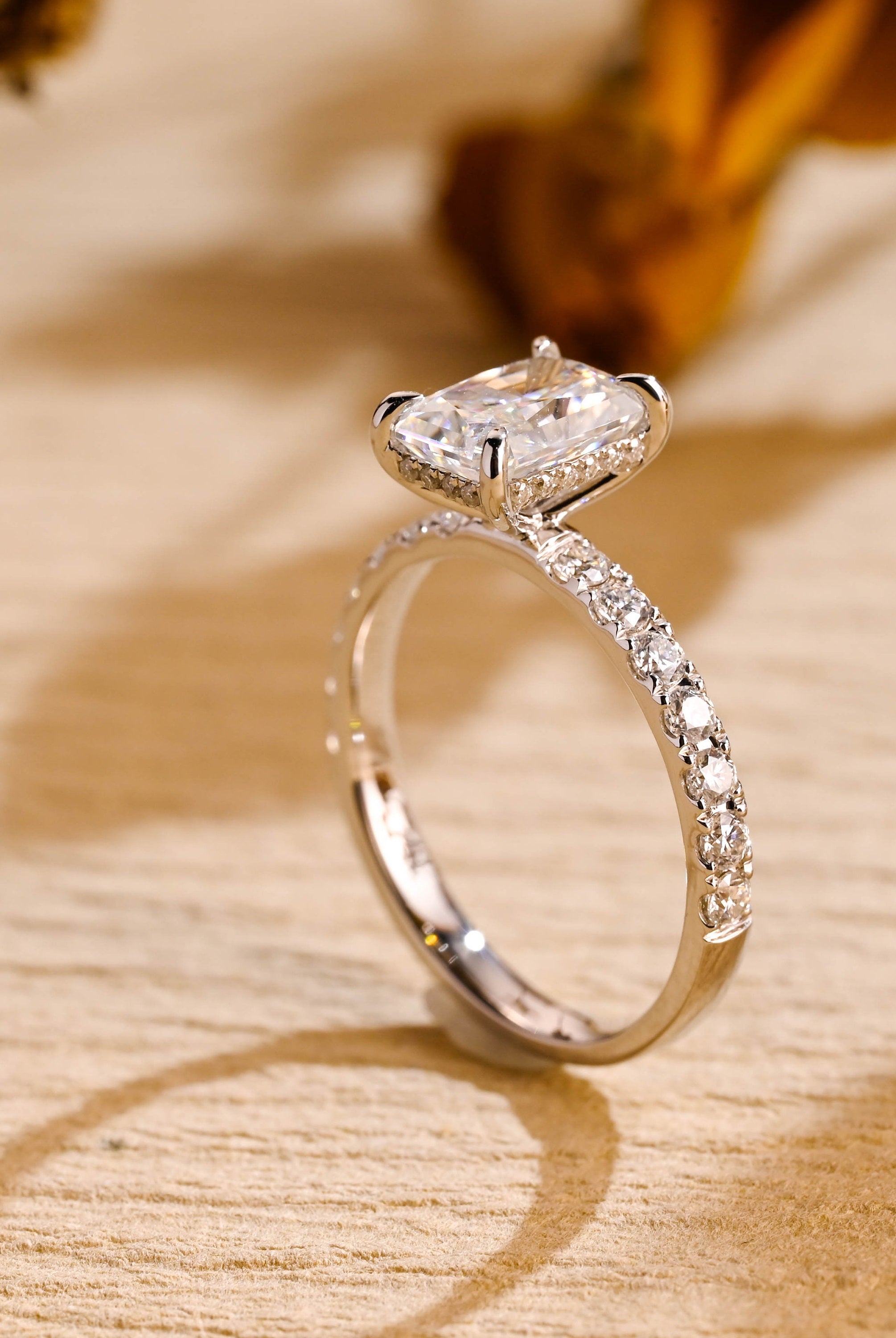 high sparkle radiant cut pavé moissanite ring