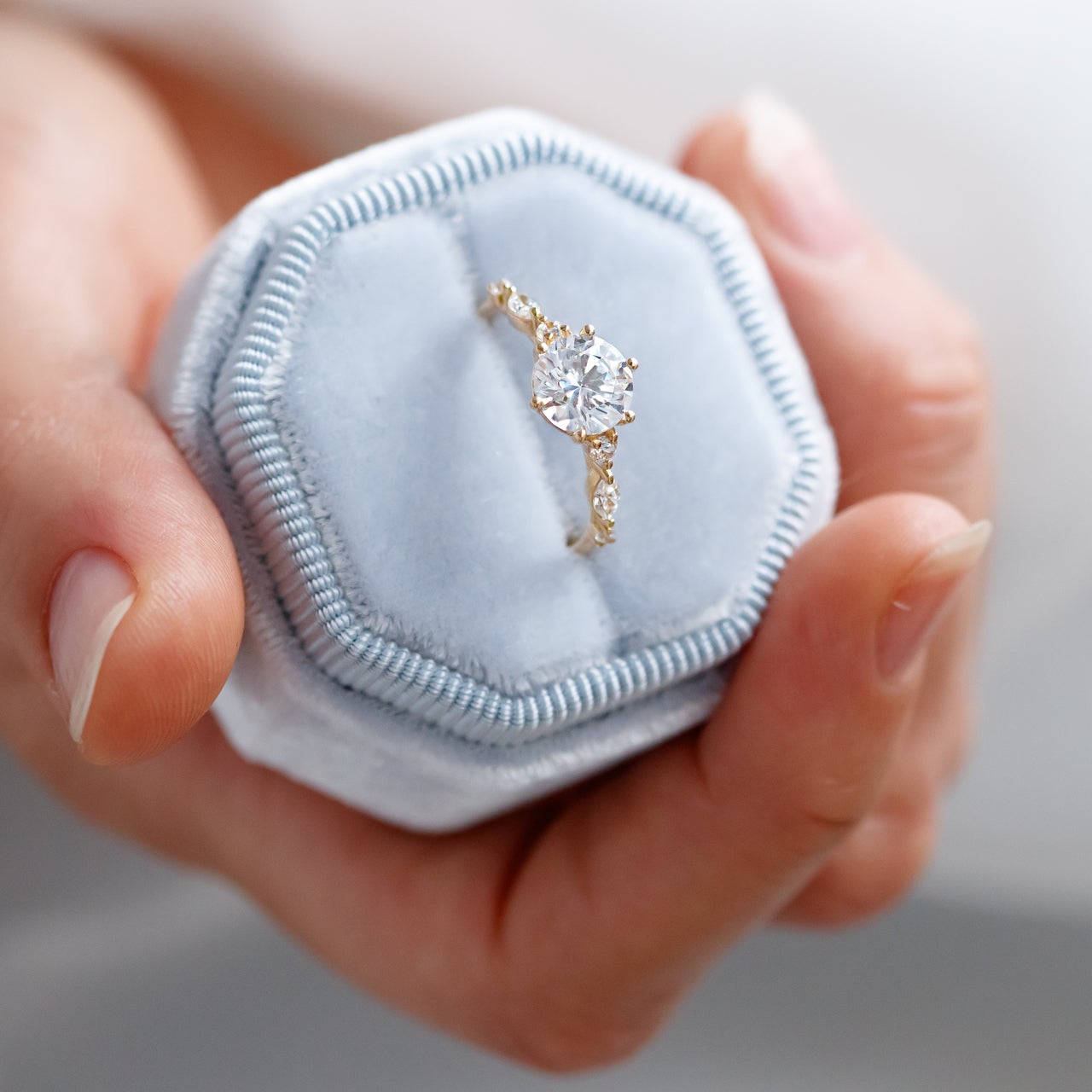 1.35CT Round Pave Moissanite Diamond Six Prong Engagement Ring In Solid Gold