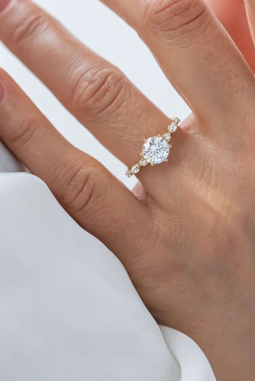 1.35CT Round Pave Moissanite Diamond Six Prong Engagement Ring In Solid Gold