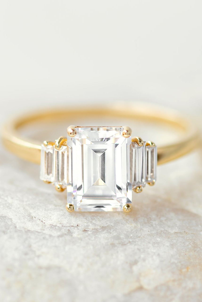 1.60CT Emerald Cut Five Stone Moissanite Diamond Solitaire Engagement Ring