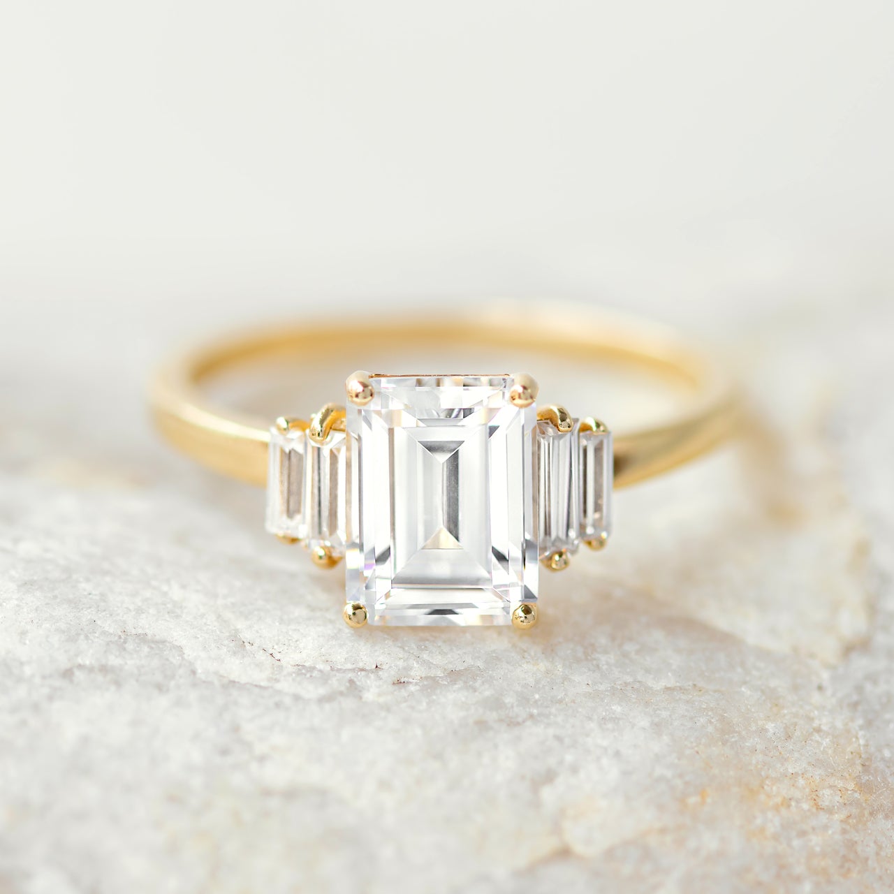 1.60CT Emerald Cut Five Stone Moissanite Diamond Solitaire Engagement Ring