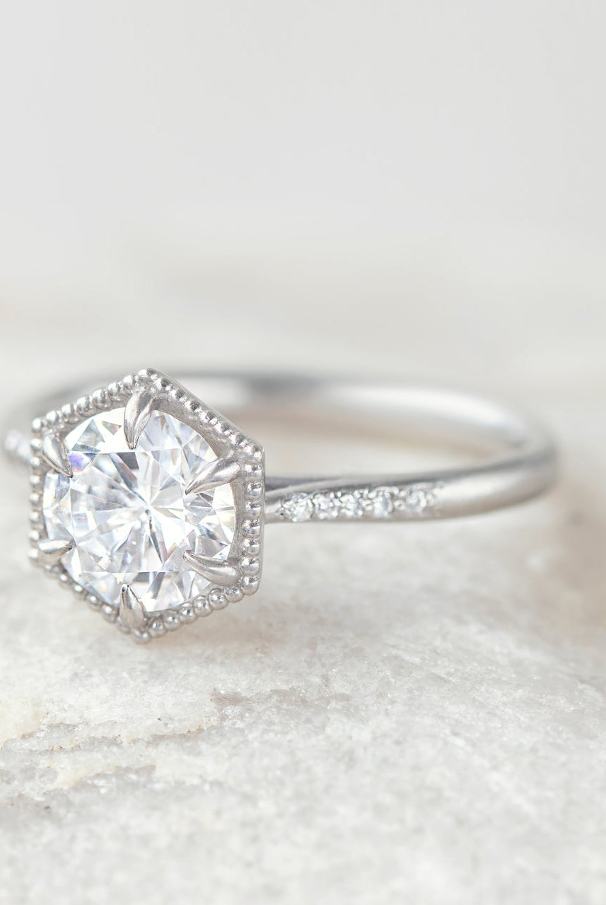 1.20CT Cathedral Set Round Moissanite Diamond Hexagonal Shaped Engagement Ring