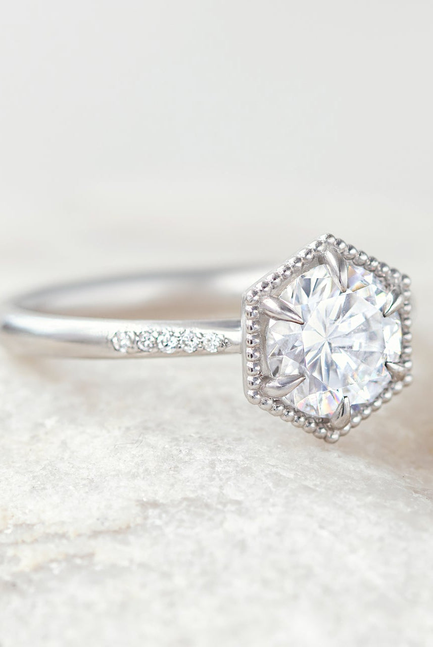1.20CT Cathedral Set Round Moissanite Diamond Hexagonal Shaped Engagement Ring