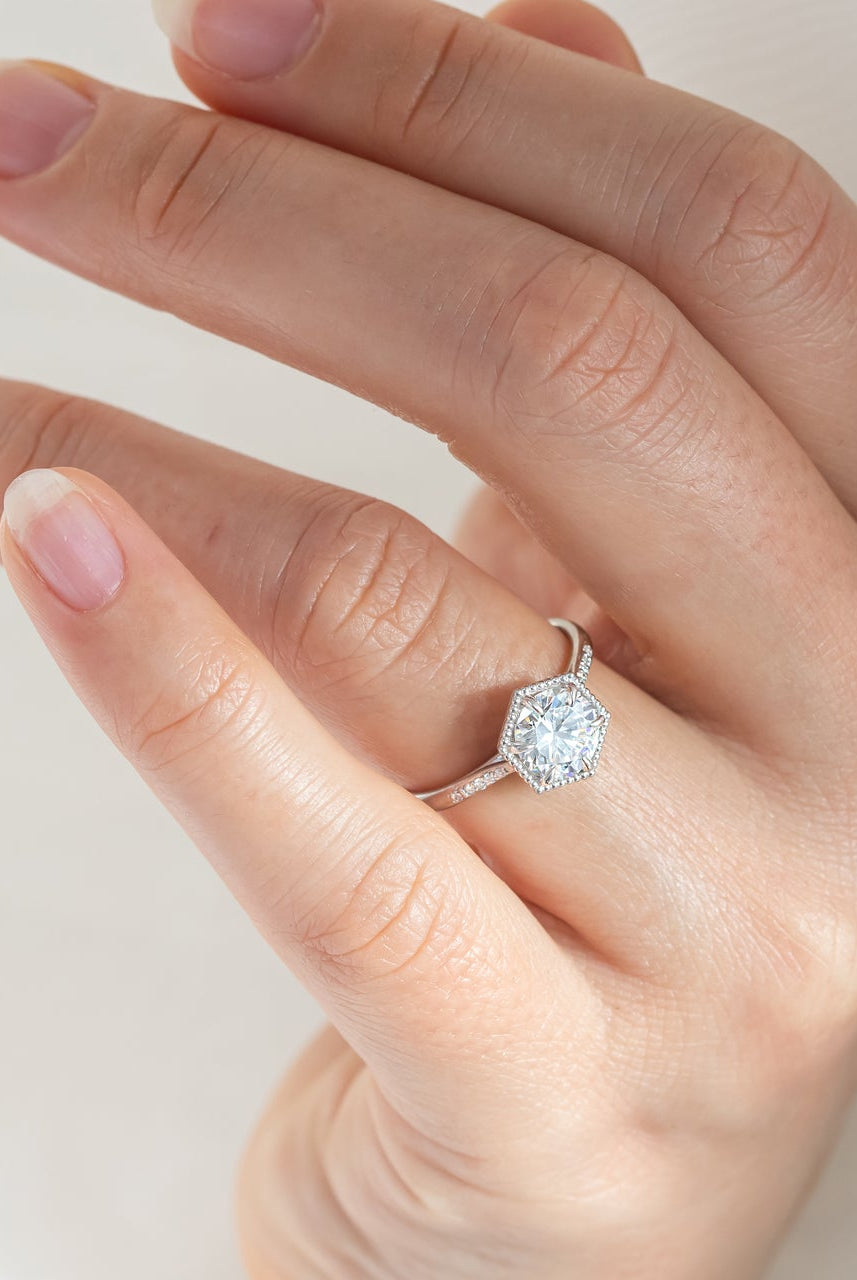 1.20CT Cathedral Set Round Moissanite Diamond Hexagonal Shaped Engagement Ring