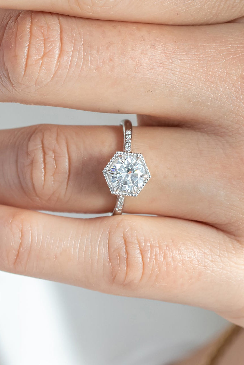 1.20CT Cathedral Set Round Moissanite Diamond Hexagonal Shaped Engagement Ring