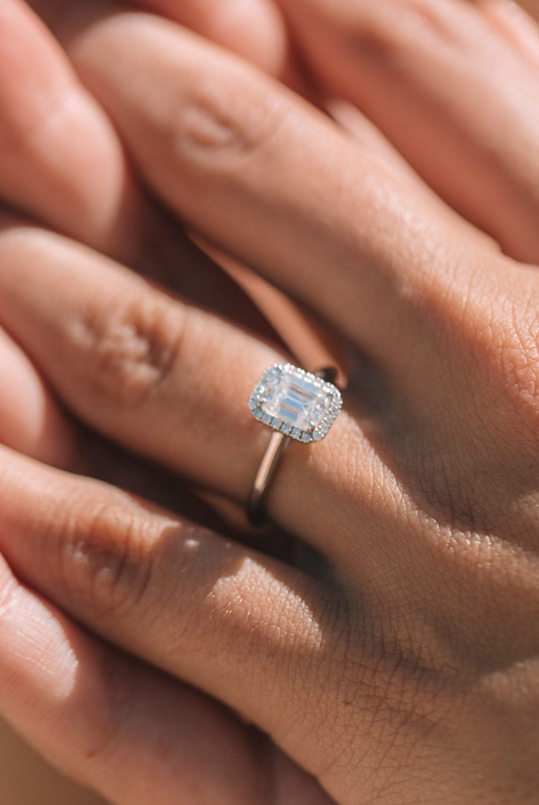 0.95ct Emerald Cut Halo Moissanite Diamond Solitaire Engagement Ring