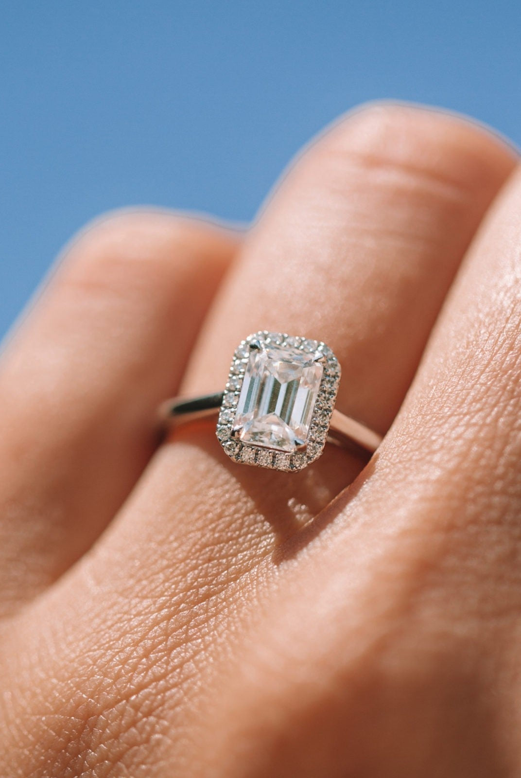 0.95ct Emerald Cut Halo Moissanite Diamond Solitaire Engagement Ring