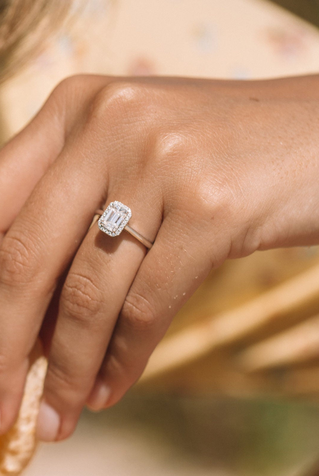 0.95ct Emerald Cut Halo Moissanite Diamond Solitaire Engagement Ring