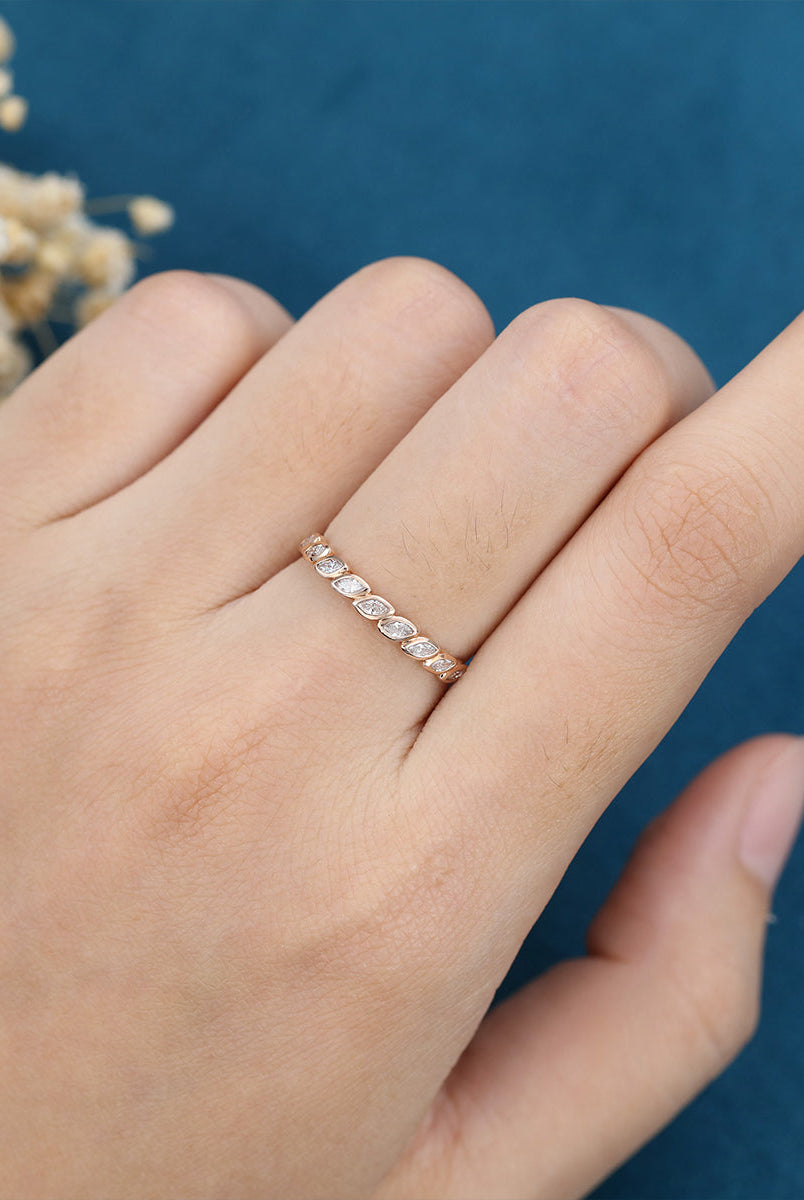 marquise-shaped-moissanite-bezel-half-eternity-wedding-band