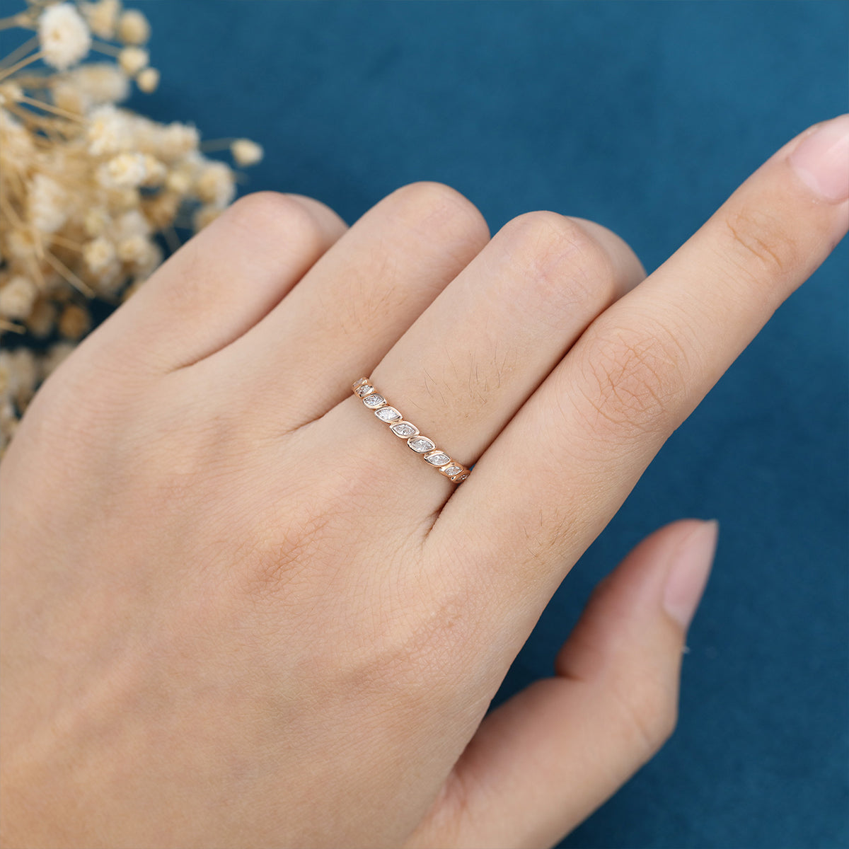 marquise-shaped-moissanite-bezel-half-eternity-wedding-band