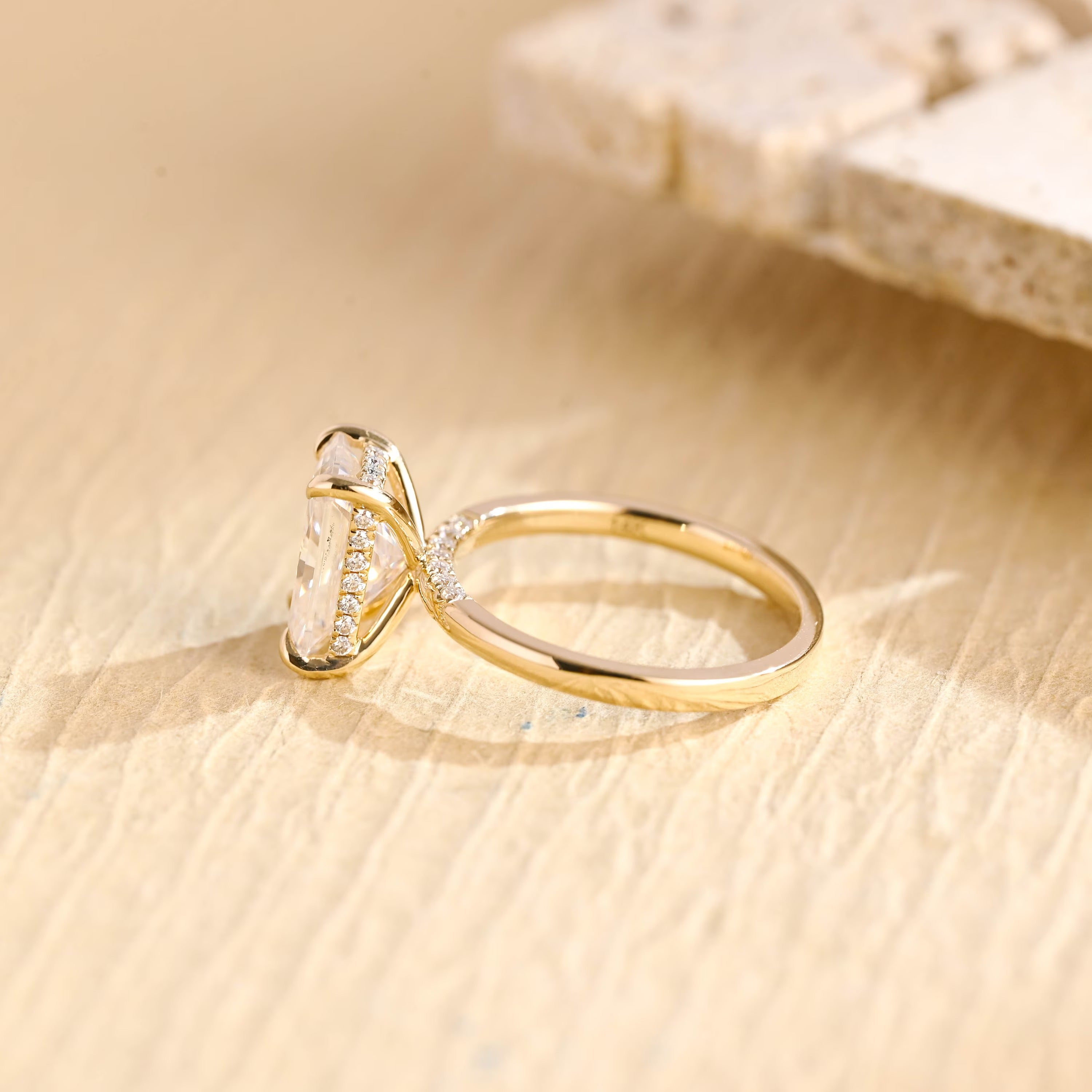 1ct moissanite hidden halo engagement ring radiant cut