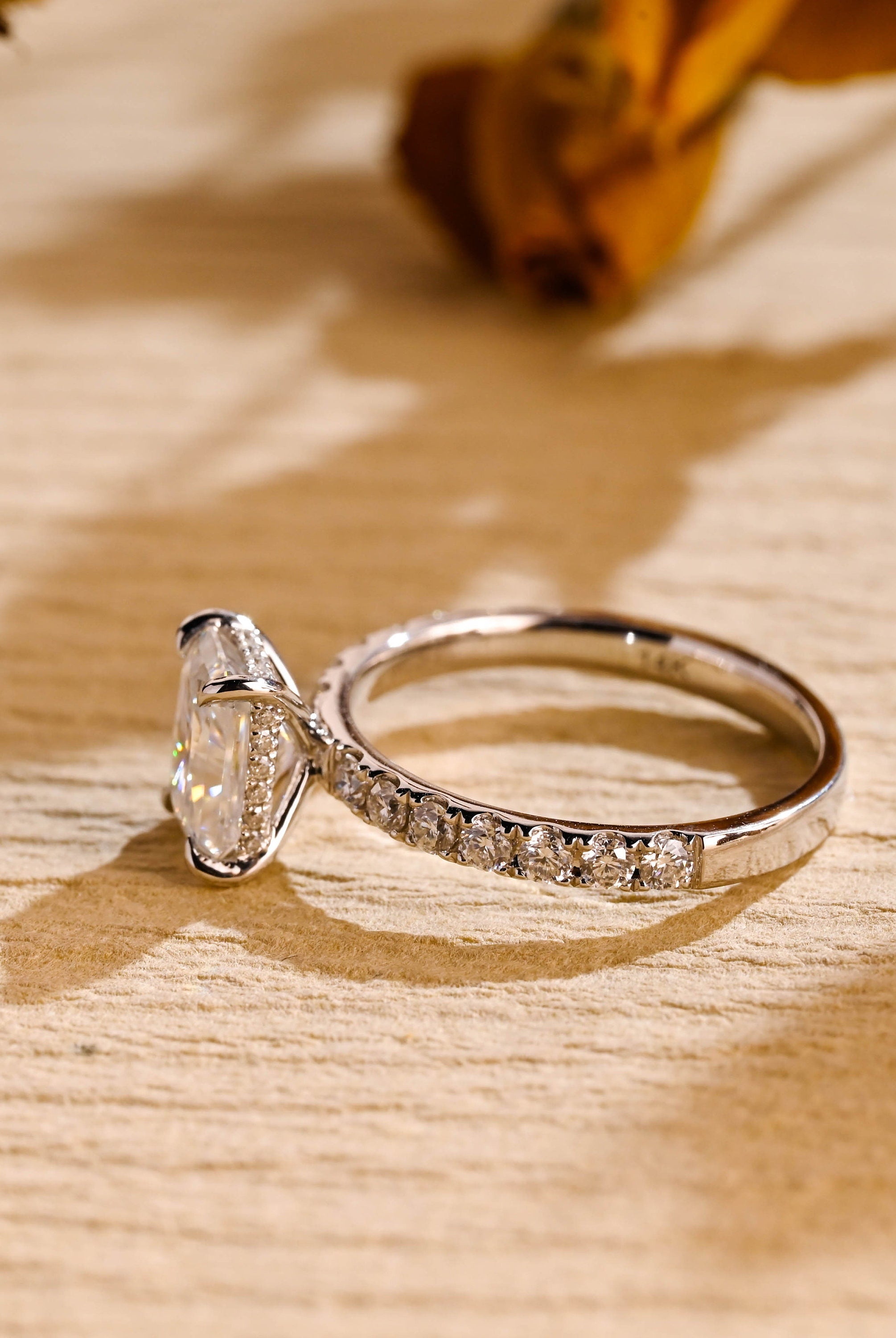 pavé moissanite engagement ring radiant cut gold