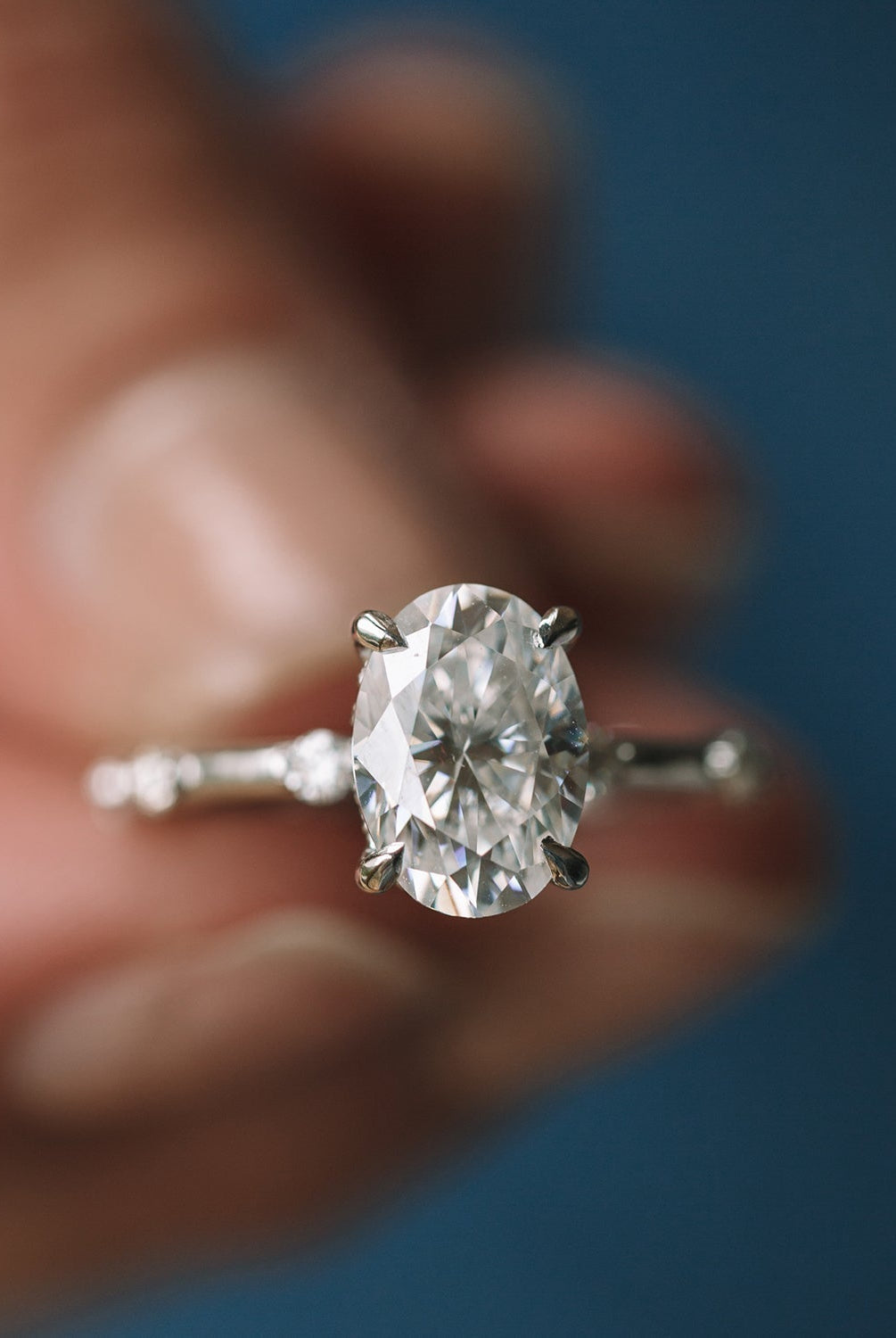 2.10ct Oval Hidden Halo Moissanite Diamond Petite Pave Engagement Ring