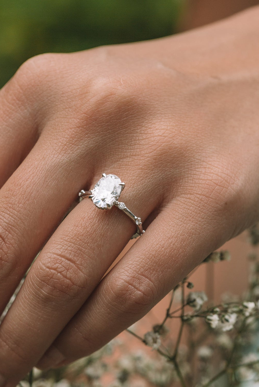 2.10ct Oval Hidden Halo Moissanite Diamond Petite Pave Engagement Ring