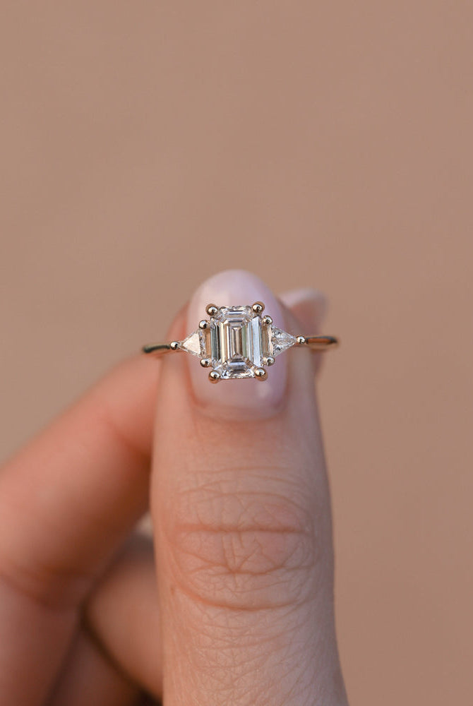 Emerald Three Stone Moissanite Ring
