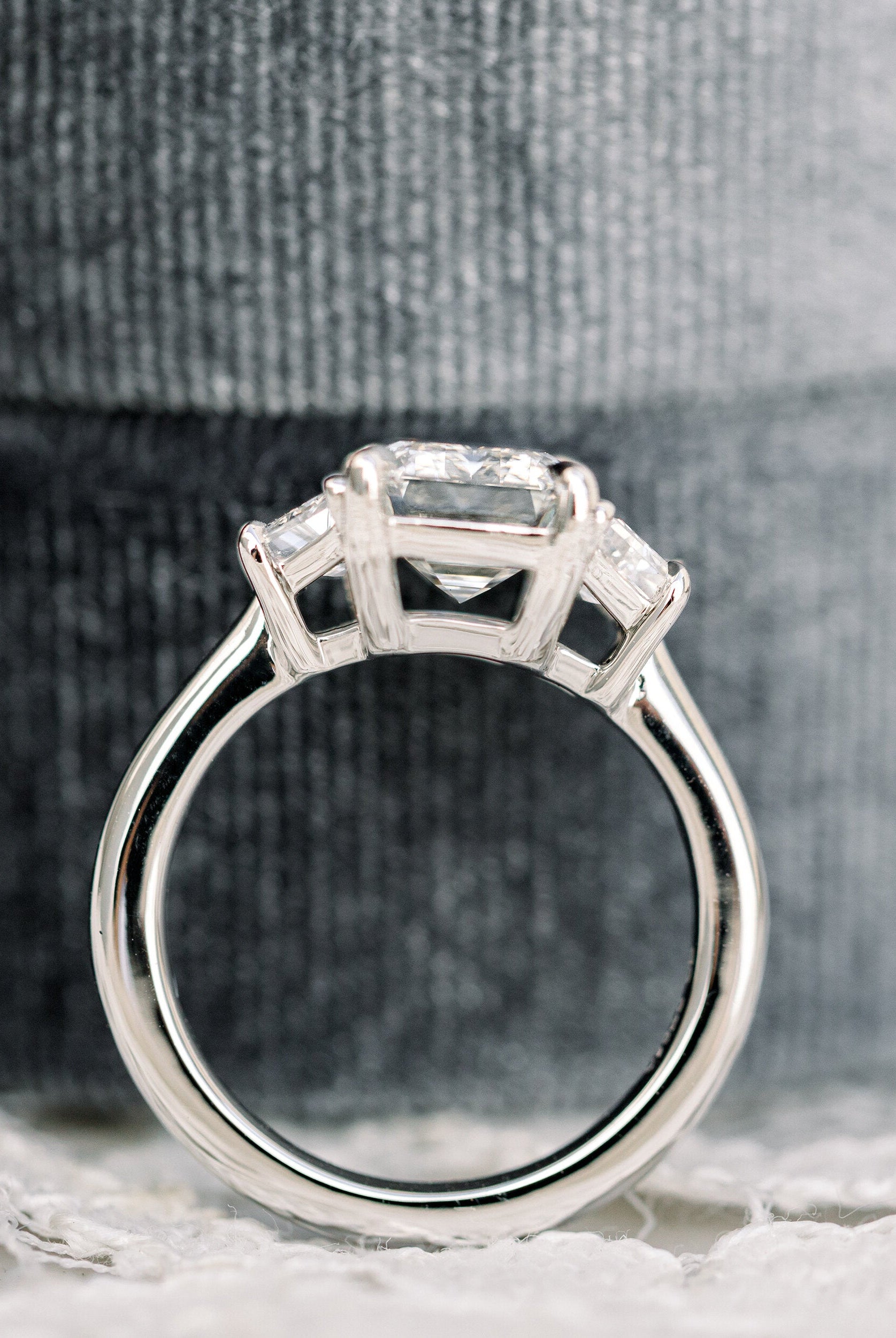 2.75CT Emerald Cut Three Stone Moissanite Diamond Cathedral Set Engagement Ring For Women