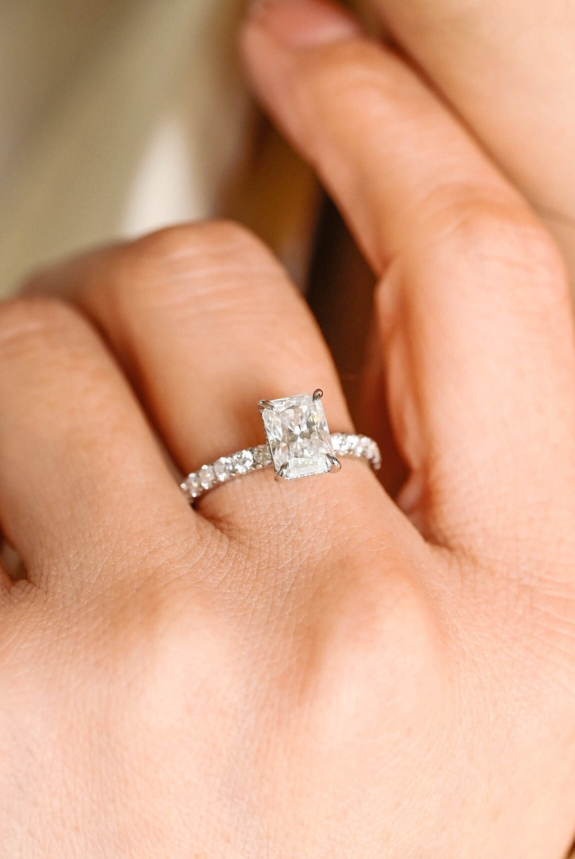 unique radiant cut pavé moissanite engagement ring