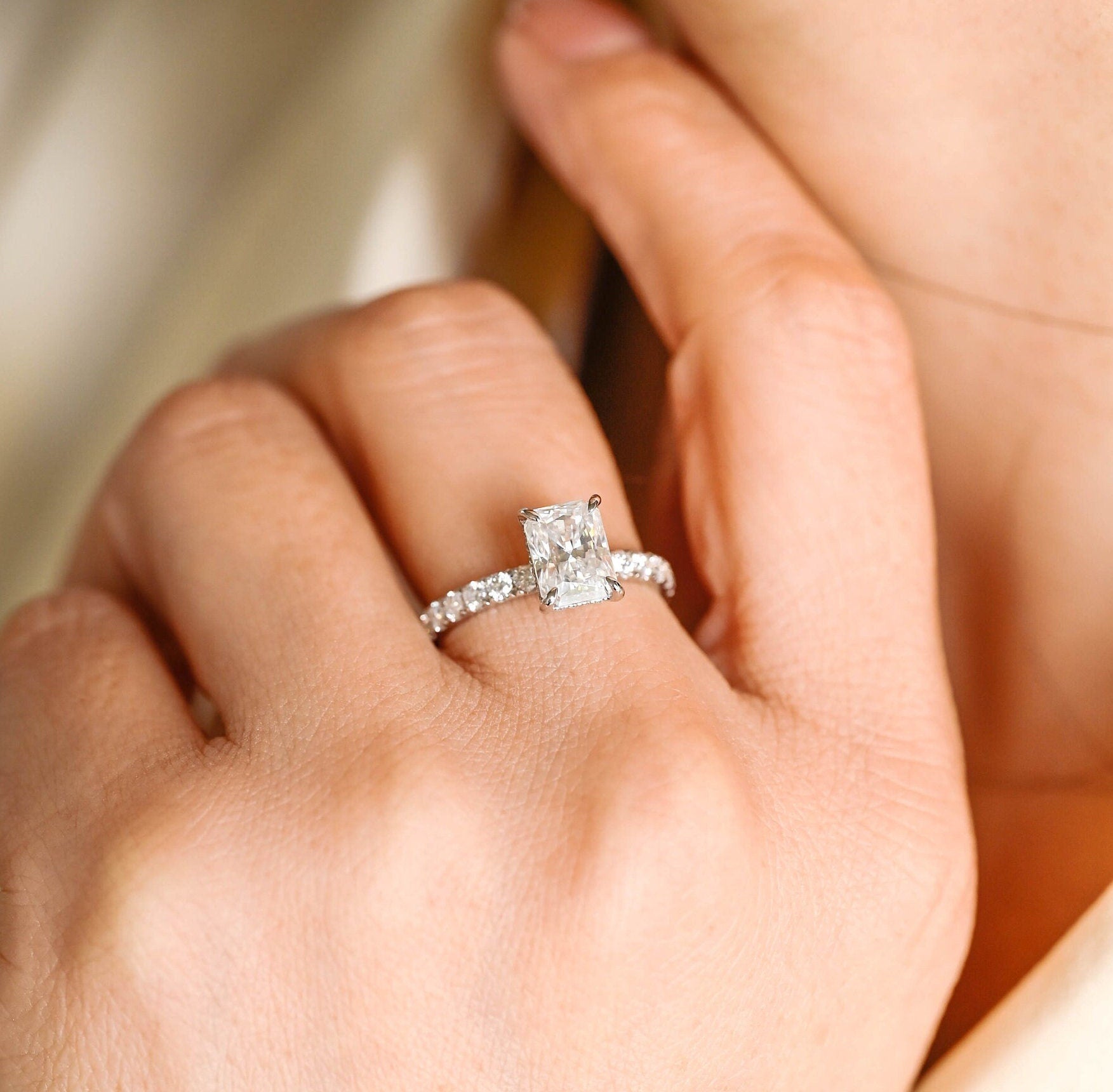 unique radiant cut pavé moissanite engagement ring