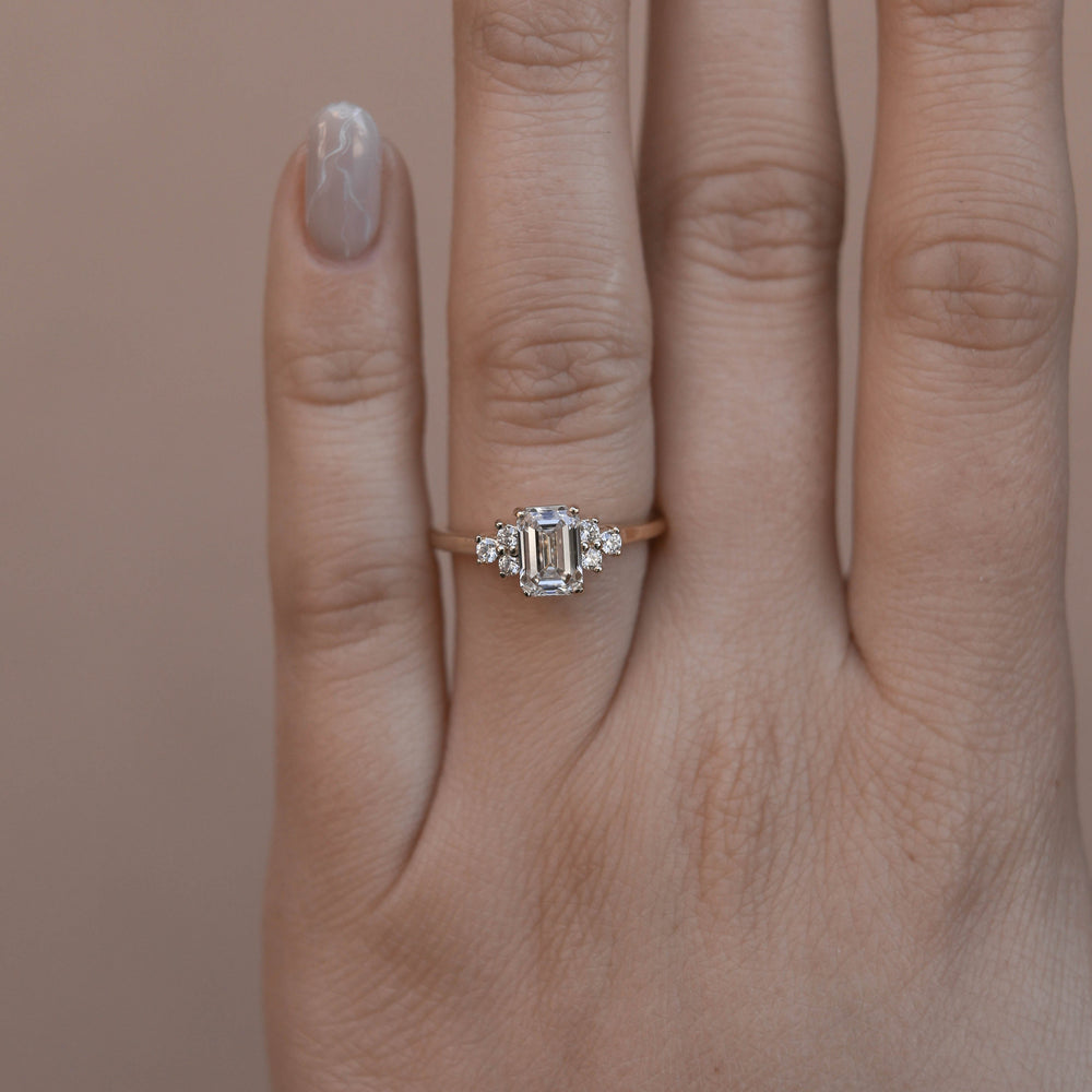 1.10ct Elongated Emerald Cut Cluster Moissanite Diamond Engagement Ring