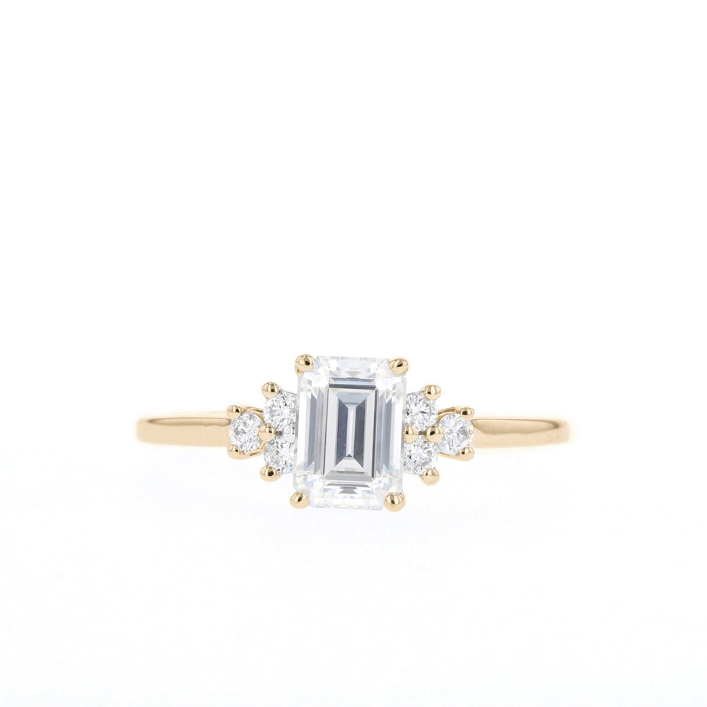 1.10ct Elongated Emerald Cut Cluster Moissanite Diamond Engagement Ring