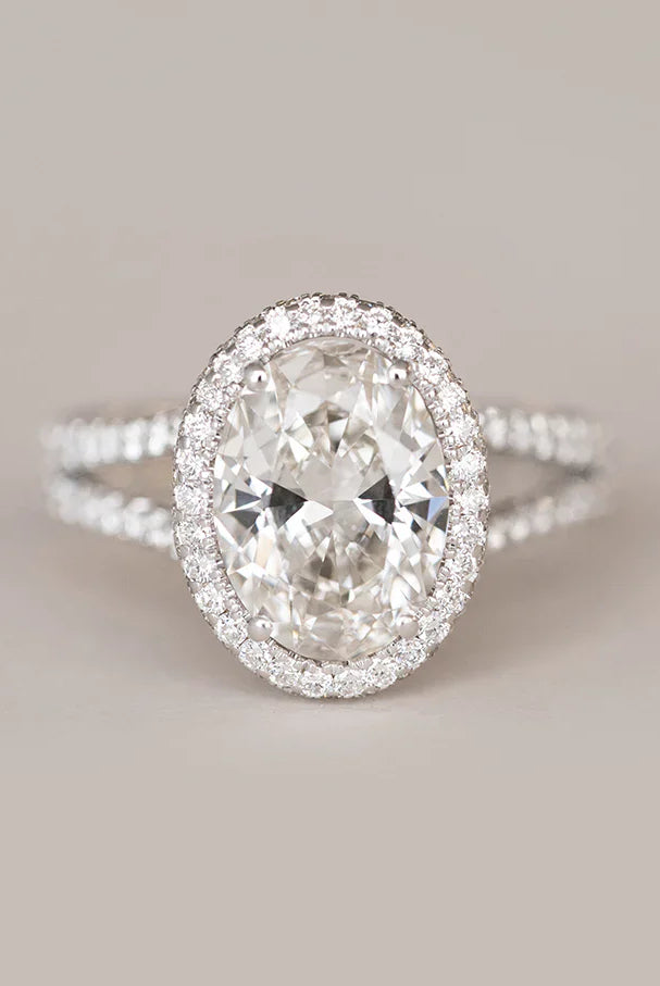 2.29CT Oval Halo Moissanite Diamond Split Shank Engagement Ring in 18K White Gold
