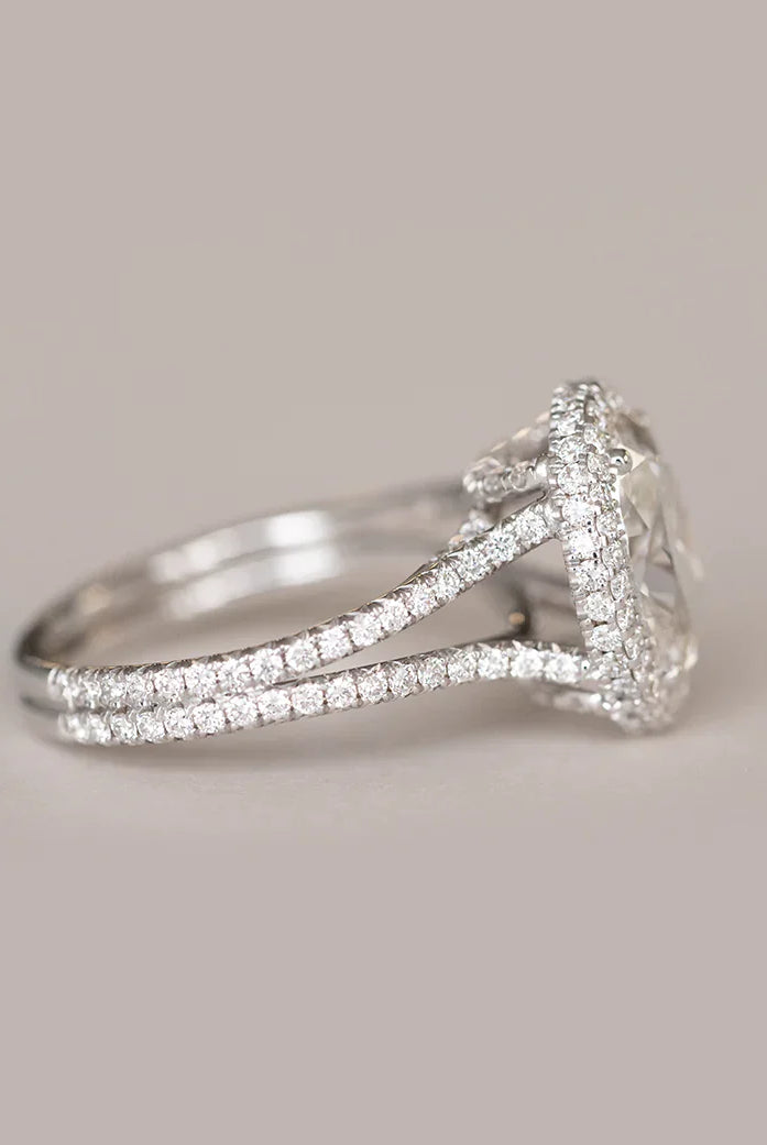 2.29CT Oval Halo Moissanite Diamond Split Shank Engagement Ring in 18K White Gold