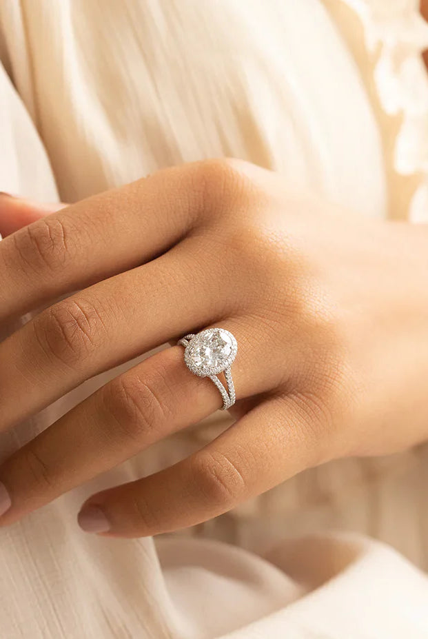 2.29CT Oval Halo Moissanite Diamond Split Shank Engagement Ring in 18K White Gold