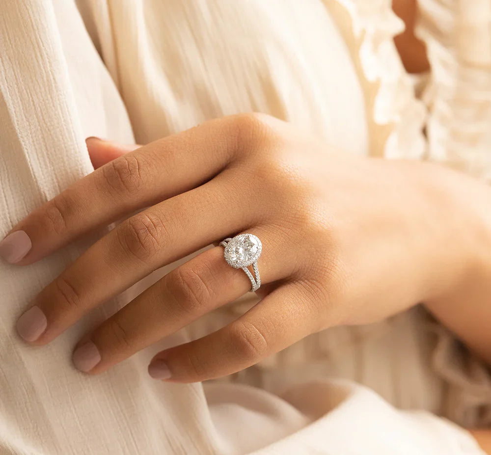 2.29CT Oval Halo Moissanite Diamond Split Shank Engagement Ring in 18K White Gold