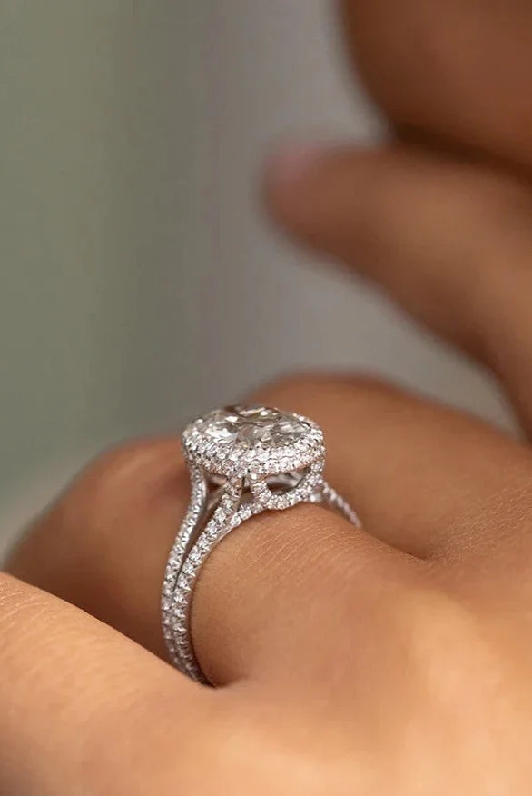 2.29CT Oval Halo Moissanite Diamond Split Shank Engagement Ring in 18K White Gold