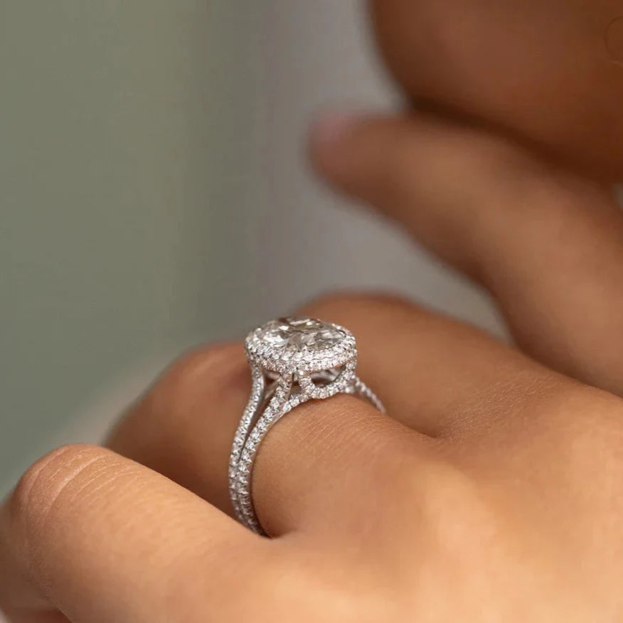 2.29CT Oval Halo Moissanite Diamond Split Shank Engagement Ring in 18K White Gold