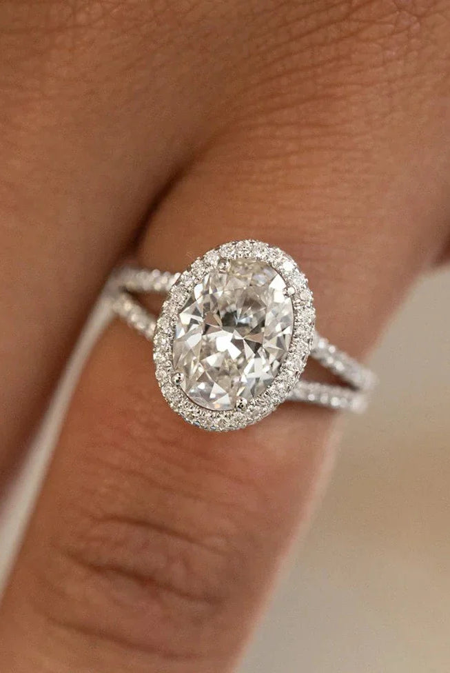 2.29CT Oval Halo Moissanite Diamond Split Shank Engagement Ring in 18K White Gold