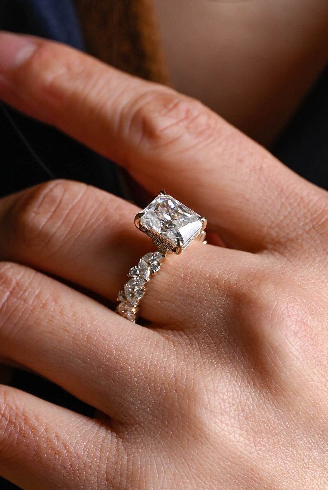 gold radiant cut cluster moissanite engagement ring
