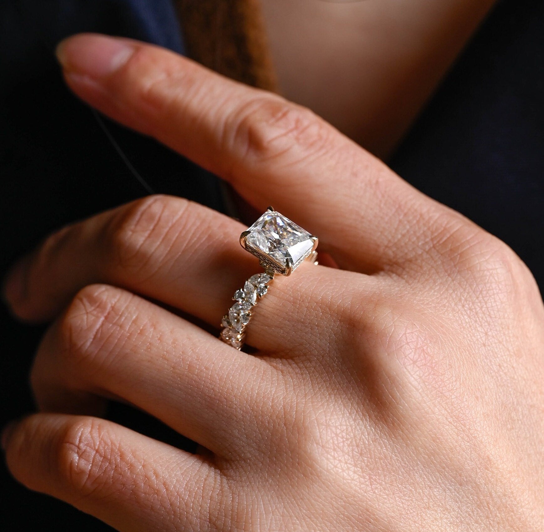 gold radiant cut cluster moissanite engagement ring