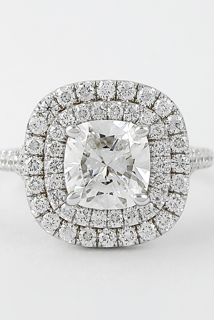 0.95CT Cathedral Set Cushion Moissanite Diamond Double Halo Engagement Ring