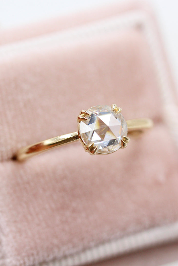 1ct Round Rose Cut Moissanite Diamond Double Claw Prong Solitaire Engagement Ring