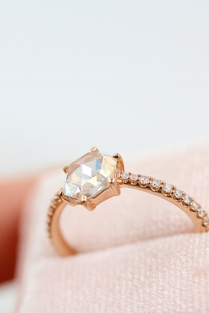 1.0ct Round Rose Cut Moissanite Diamond Pave Engagement Ring