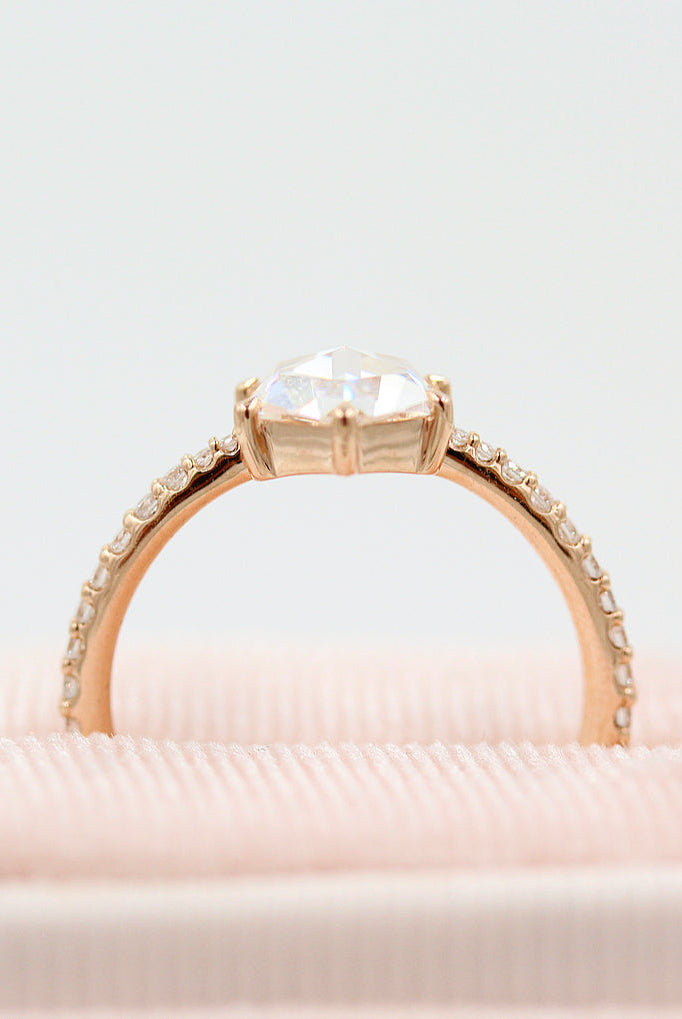 1.0ct Round Rose Cut Moissanite Diamond Pave Engagement Ring