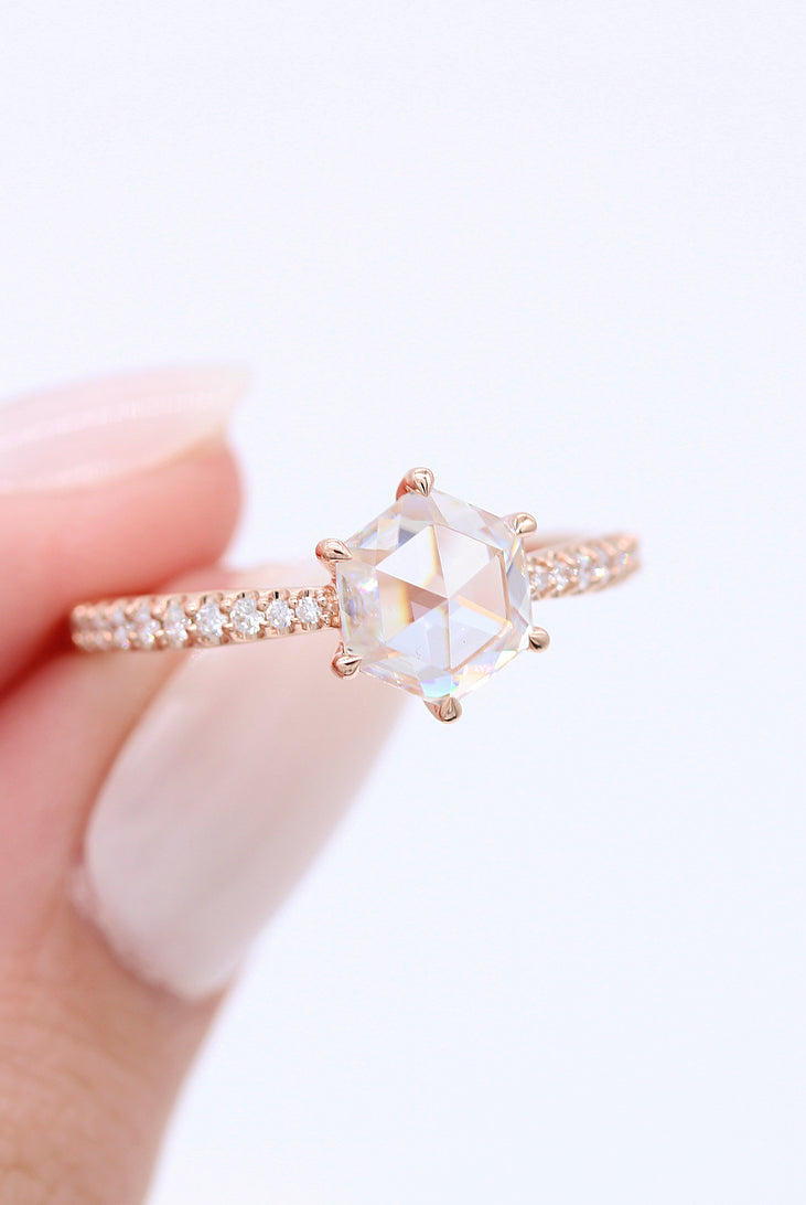 1.0ct Round Rose Cut Moissanite Diamond Pave Engagement Ring