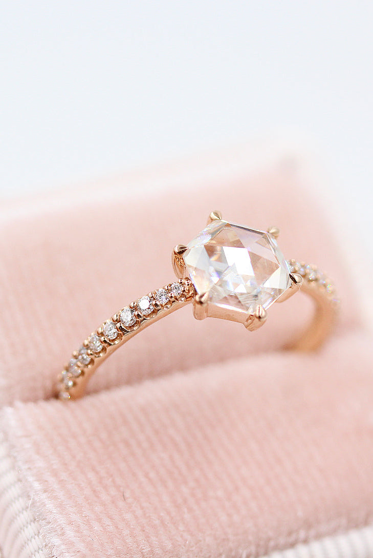 1.0ct Round Rose Cut Moissanite Diamond Pave Engagement Ring