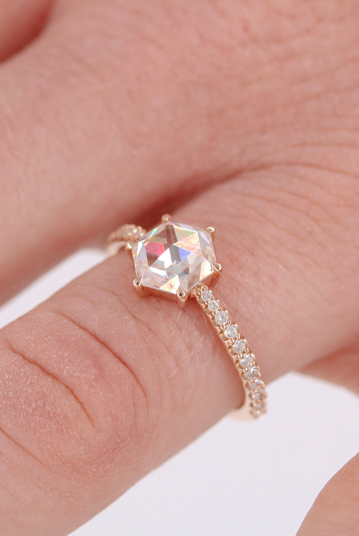 1.0ct Round Rose Cut Moissanite Diamond Pave Engagement Ring