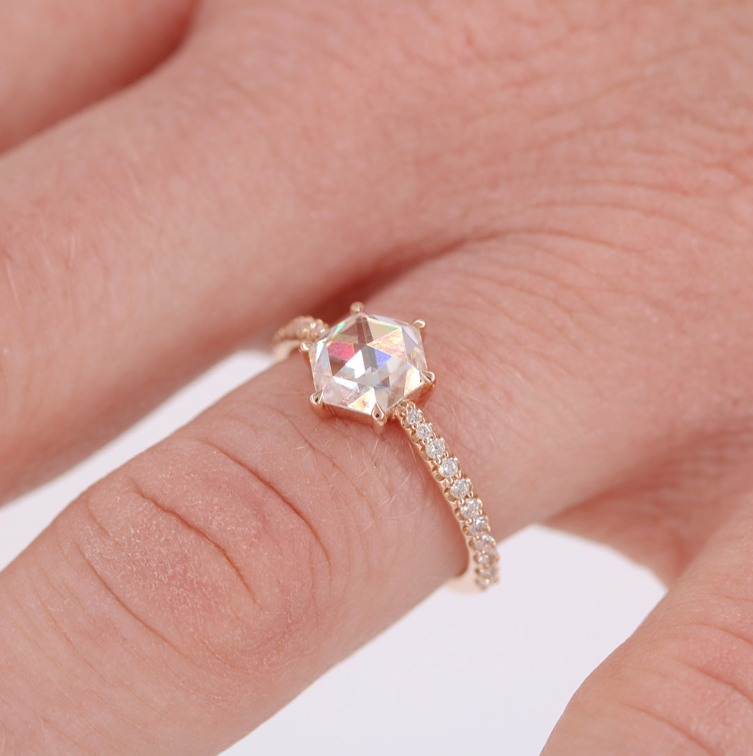 1.0ct Round Rose Cut Moissanite Diamond Pave Engagement Ring